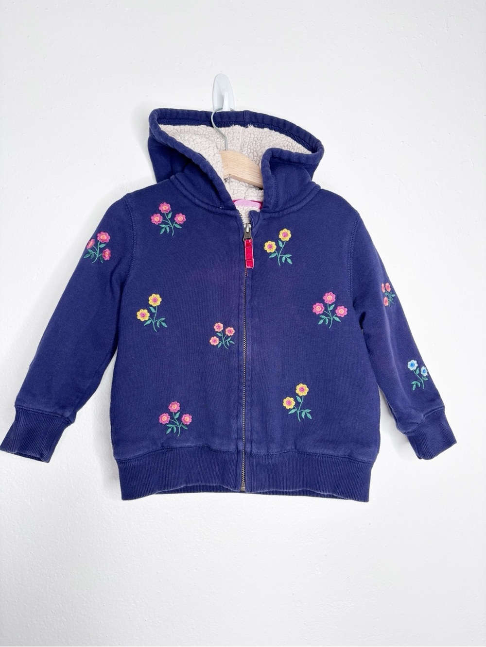 Mini Boden Floral Embroidered Hoodie High Pile Fleece Navy Sweatshirt Size 3-4Yr